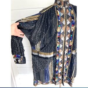 Vintage Beaded and Sequined Silk Evening Coat - M/L